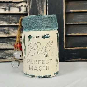 Hand-Painted Cream Color Antique Ball Pint Blue Mason Jar with Burlap & Bells